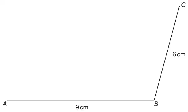 Line AB of 9 cm, horizontal, with line BC of 6 cm going up and slightly to the right from B