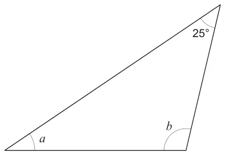 Triangle with angle 25° at the top vertex, angle a at the bottom left and angle b at the bottom right