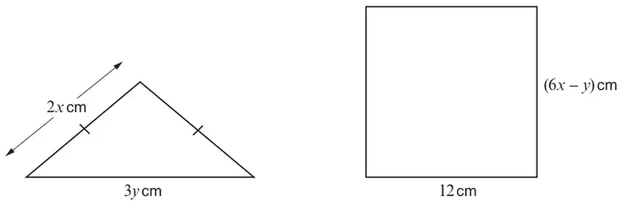 Isosceles triangle with the two equal sides marked, one labelled 2x cm, and base 3y cm; square with side 12 cm along the bottom and (6x − y) cm on the right