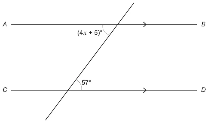 Parallel lines AB and CD crossed by a transversal; the angle (4x + 5)° is below AB on the left of the transversal and the angle 57° is above CD on the right of the transversal
