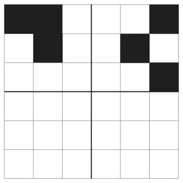 6 by 6 grid split into four quadrants by thicker lines; in the upper two quadrants five squares are shaded, the lower two quadrants are blank