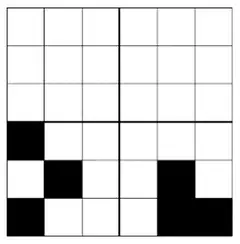 Grid with the five shaded squares in the lower two quadrants giving rotational symmetry of order 2