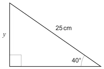 Right-angled triangle with hypotenuse 25 cm, angle 40° and side y opposite the 40° angle