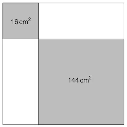 Large square containing a small shaded square of area 16 cm² in the top-left corner and a large shaded square of area 144 cm² in the bottom-right corner, with two unshaded rectangles