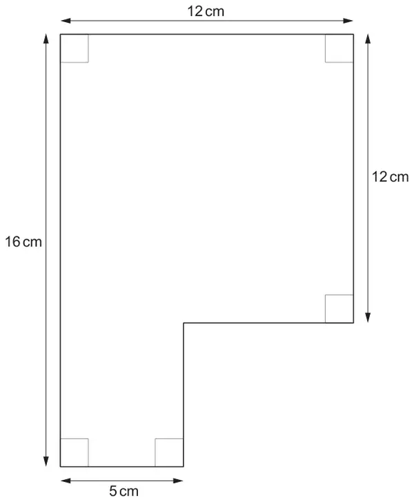 Cross-section: L-shape with top 12 cm, left side 16 cm, right side 12 cm, bottom 5 cm, all corners right angles