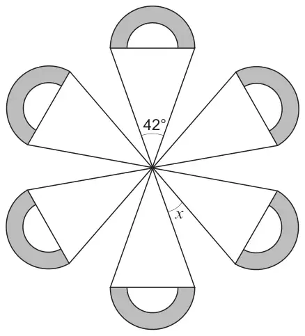 Shape made of six identical kite-like pieces meeting at a centre; one piece has angle 42° at the centre, and x is the angle between two neighbouring pieces