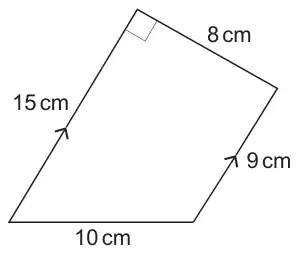 Trapezium with parallel sides 15 cm and 9 cm, perpendicular height 8 cm, and fourth side 10 cm