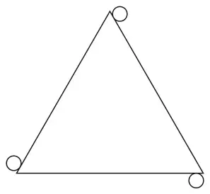 An equilateral triangle with a small circle attached at each vertex