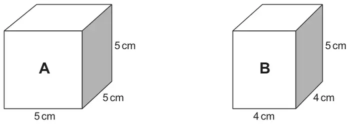 Cube A with edges 5 cm, 5 cm and 5 cm; cuboid B with base edges 4 cm and 4 cm and height 5 cm