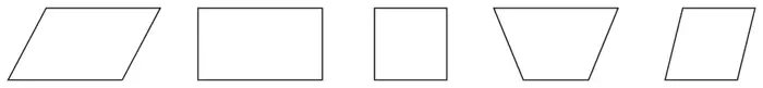 Five quadrilaterals in a row: a parallelogram, a rectangle, a square, a quadrilateral with only the top and bottom sides parallel, and a narrow parallelogram
