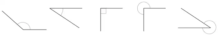 Five marked angles in a row: an obtuse angle, a small angle between two lines, a right angle, a reflex angle, and another reflex angle
