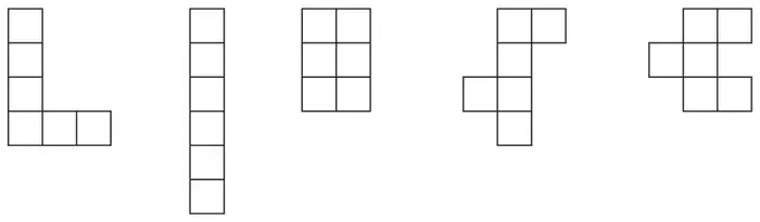 Five arrangements of squares: an L-shape of six squares, a column of six squares, a 2 by 3 block, a cross-like arrangement of six squares, and another arrangement of six squares