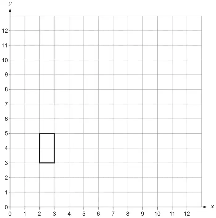 Grid with x and y from 0 to 12; a rectangle with vertices (2, 3), (3, 3), (3, 5) and (2, 5)