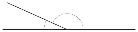 A straight line with a second line meeting it, making a small angle on the left and a large angle on the right, both marked