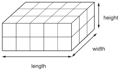Cuboid A made of 1 cm cubes: length 5 cubes, width 3 cubes, height 2 cubes, with length, width and height labelled