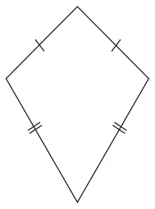 A quadrilateral with the two upper sides marked equal (single dashes) and the two lower, longer sides marked equal (double dashes)