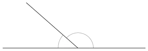 A straight line with a second line meeting it, making a smaller angle on the left and a larger angle on the right, both marked with arcs