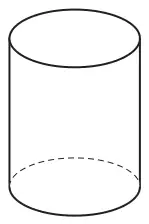 A 3D shape with two circular ends and a curved surface, standing upright, hidden edge dashed