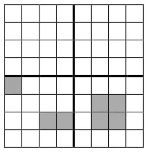 Answer grid (only the answer squares are shown shaded): in the lower half, one square in row 5, column 1; two squares in row 7, columns 3 to 4; and a 2 by 2 block in rows 6 to 7, columns 6 to 7