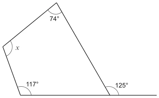 Quadrilateral with interior angles x (left), 74° (top) and 117° (bottom left); the bottom side is extended to the right, making an exterior angle of 125° at the bottom right vertex