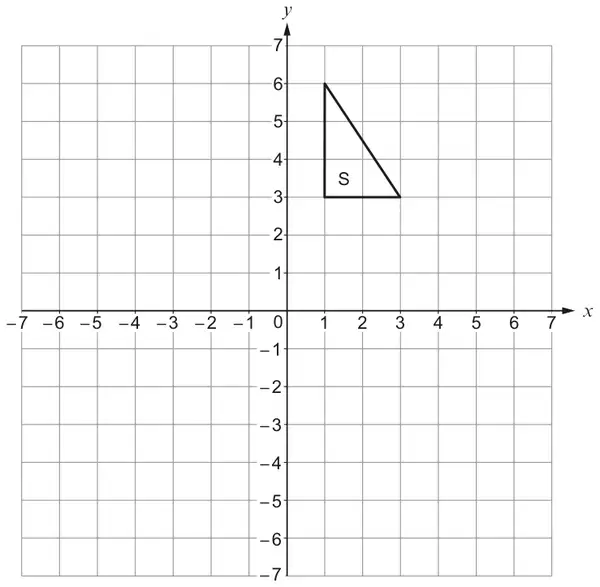 Coordinate grid with x and y from −7 to 7; triangle S has vertices (1, 3), (1, 6) and (3, 3)