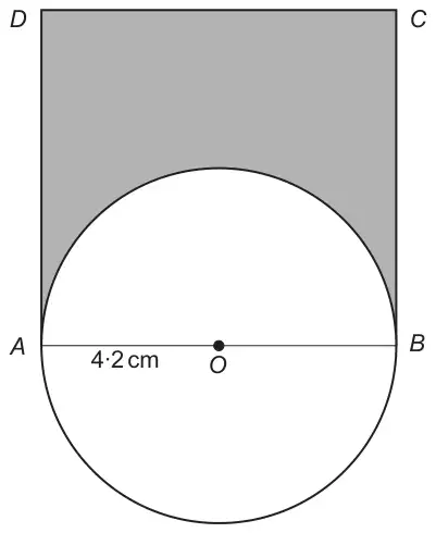 Square ABCD with AB at the bottom; a circle with diameter AB and centre O, radius 4·2 cm, so the top half of the circle lies inside the square. The region of the square outside the circle is shaded