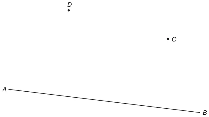 Line segment AB sloping slightly downwards from A on the left to B on the right; point D above the line towards the left and point C above the line towards the right