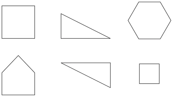Six shapes: a large square, a right-angled triangle, a regular hexagon, a pentagon shaped like a house, a second right-angled triangle the same as the first but rotated, and a smaller square
