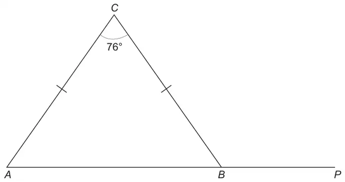 Isosceles triangle ABC with AC and BC marked equal, angle 76° at C, and AB extended to P
