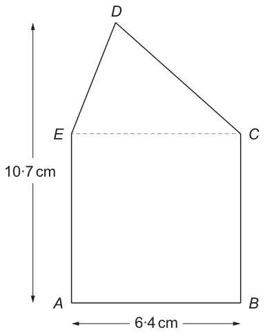 Shape ABCDE: square ABCE with AB = 6·4 cm and a triangle ECD on top (EC dashed); the total height from AB to D is 10·7 cm