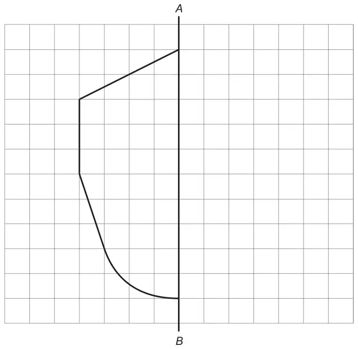 A square grid with a vertical line AB; to the left of AB a figure made of three straight lines and a curve, starting and ending on AB
