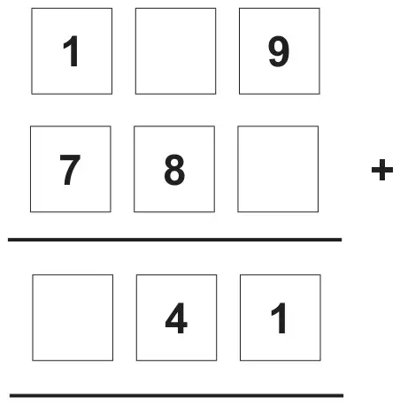 Column addition in boxes: top row 1, blank, 9; second row 7, 8, blank, with a plus sign; answer row blank, 4, 1