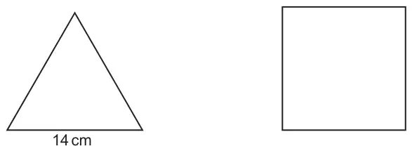 An equilateral triangle with its base labelled 14 cm, and a square