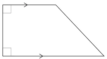 A quadrilateral with two right angles on the left side, a horizontal top and bottom marked parallel with arrows, and a slanting right side