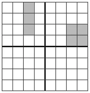 Answer grid: in the upper left quadrant the third column of the top three rows is shaded; in the upper right quadrant the 2 by 2 block in the last two columns of rows 3 and 4 is shaded