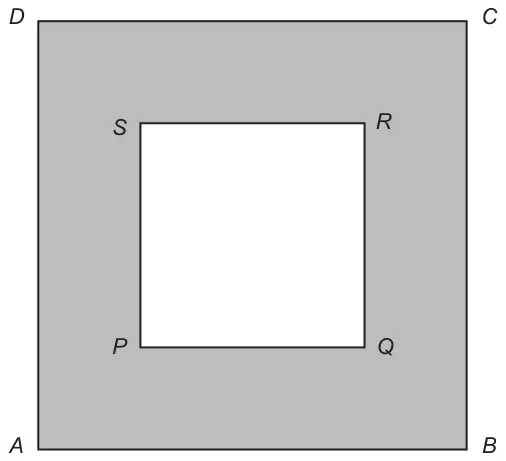 Square ABCD with a smaller square PQRS inside it; the region between the squares is shaded