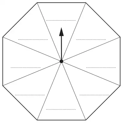 Regular octagonal spinner divided into 8 identical sections, each with a blank label line, and an arrow at the centre