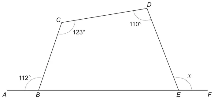 Quadrilateral BCDE with B and E on the straight line AF; angle ABC is 112°, angle BCD is 123°, angle CDE is 110°, and angle x is DEF