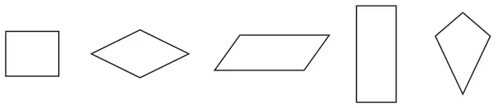 Five quadrilaterals: a square, a rhombus, a parallelogram, a rectangle and a kite