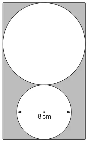 A rectangle containing a large circle above a small circle of diameter 8 cm; the circles touch each other and the rectangle, and the rest of the rectangle is shaded