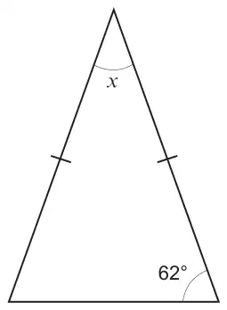 Isosceles triangle with the two equal sides marked; angle x at the top, a base angle of 62°