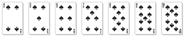 Seven playing cards: the 4, 5, 6, 7, 8, 9 and 10 of spades