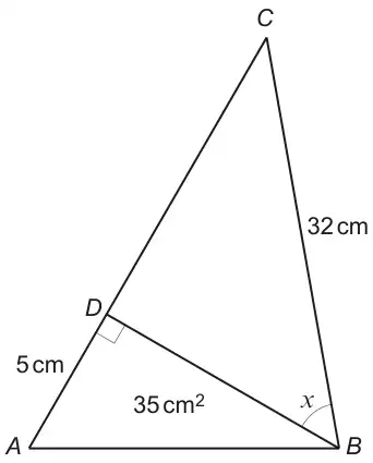 Triangle ABC with D on AC and BD perpendicular to AC; AD = 5 cm, BC = 32 cm, area of triangle ABD = 35 cm², angle x is angle DBC at B