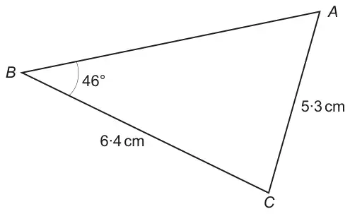 Triangle ABC with angle B = 46°, BC = 6.4 cm and AC = 5.3 cm