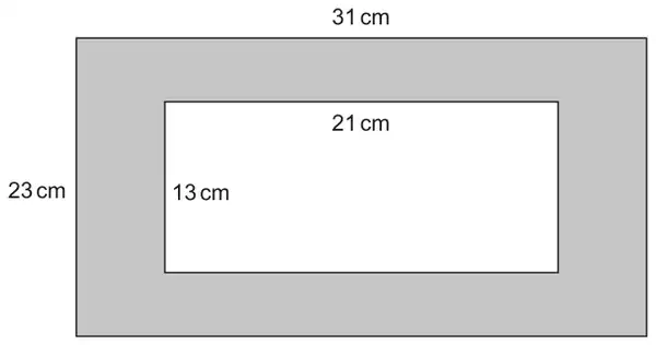 Shaded region between an outer rectangle 31 cm by 23 cm and an inner rectangle 21 cm by 13 cm