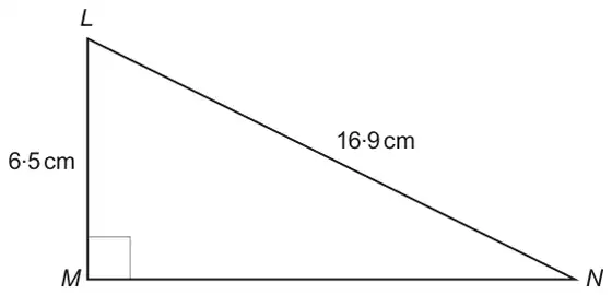 Right-angled triangle LMN with the right angle at M, LM = 6.5 cm and LN = 16.9 cm
