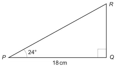 Right-angled triangle PQR with the right angle at Q, angle P = 24° and PQ = 18 cm