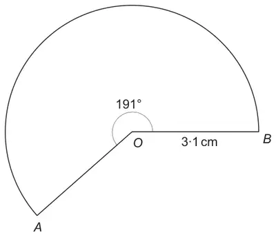 Major sector AOB of a circle with centre O, radius OB = 3.1 cm and reflex angle AOB = 191 degrees
