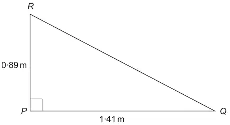 Right-angled triangle PQR with the right angle at P, PQ = 1.41 m and PR = 0.89 m
