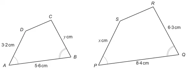 Two similar quadrilaterals. ABCD: AD = 3.2 cm, AB = 5.6 cm, BC = y cm. PQRS: PS = x cm, PQ = 8.4 cm, QR = 6.3 cm. Angles A and P are marked equal, angles B and Q are marked equal